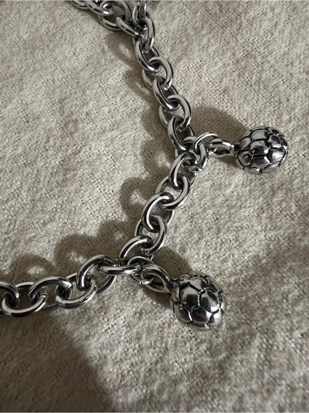 Vintage Rolo Link Stainless Steel Silver Soccer Charm Ball PendantCharm Bracelet
